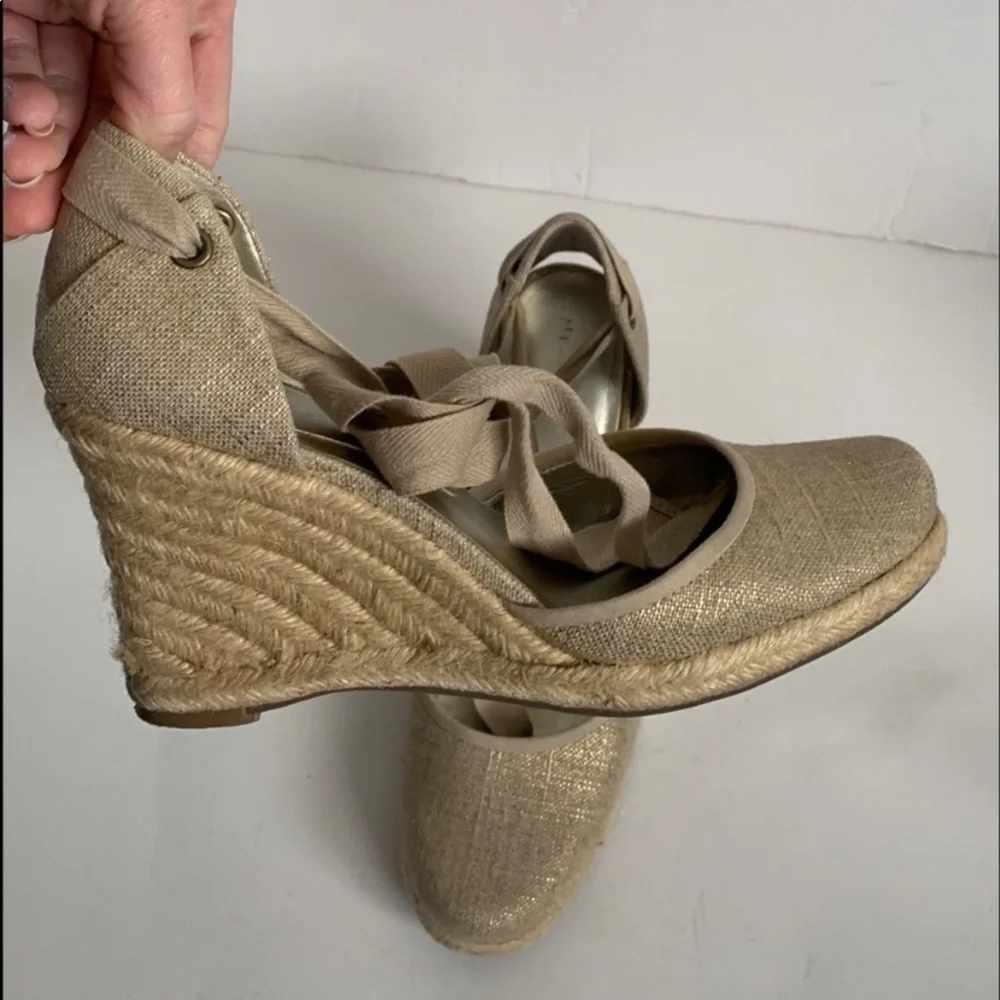 Nine West Golano Ankle Wrap Espadrille Wedge Sandals Metallic Gold